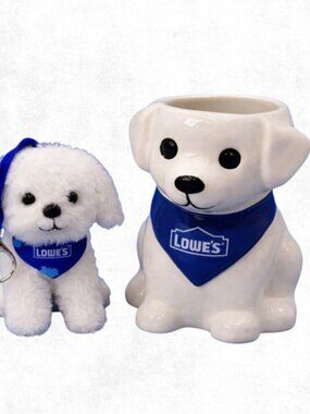 LOWES EXCLUSIVE PLUSH DOG KEYCHAIN & CERAMIC PLANTER PUPPY PROMO SET NEW